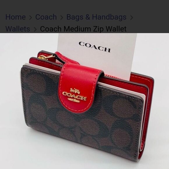 COACH SIGNATURE MEDIUM CORNER ZIP WALLET, BROWN, BLACK AND RED - NEW - Picture 2 of 12